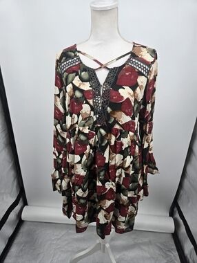 Jodifl Red Green Abstract Fruit Crochet Detail Dress Large (6962)